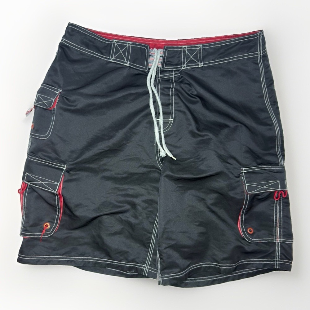 O'Neill Black Cargo Board Shorts Swim Trunks Red Stitching Multi Pocket L